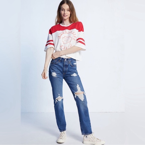 Levi’s High Rise Straight Leg Denim Distressed Jeans - Picture 1 of 6